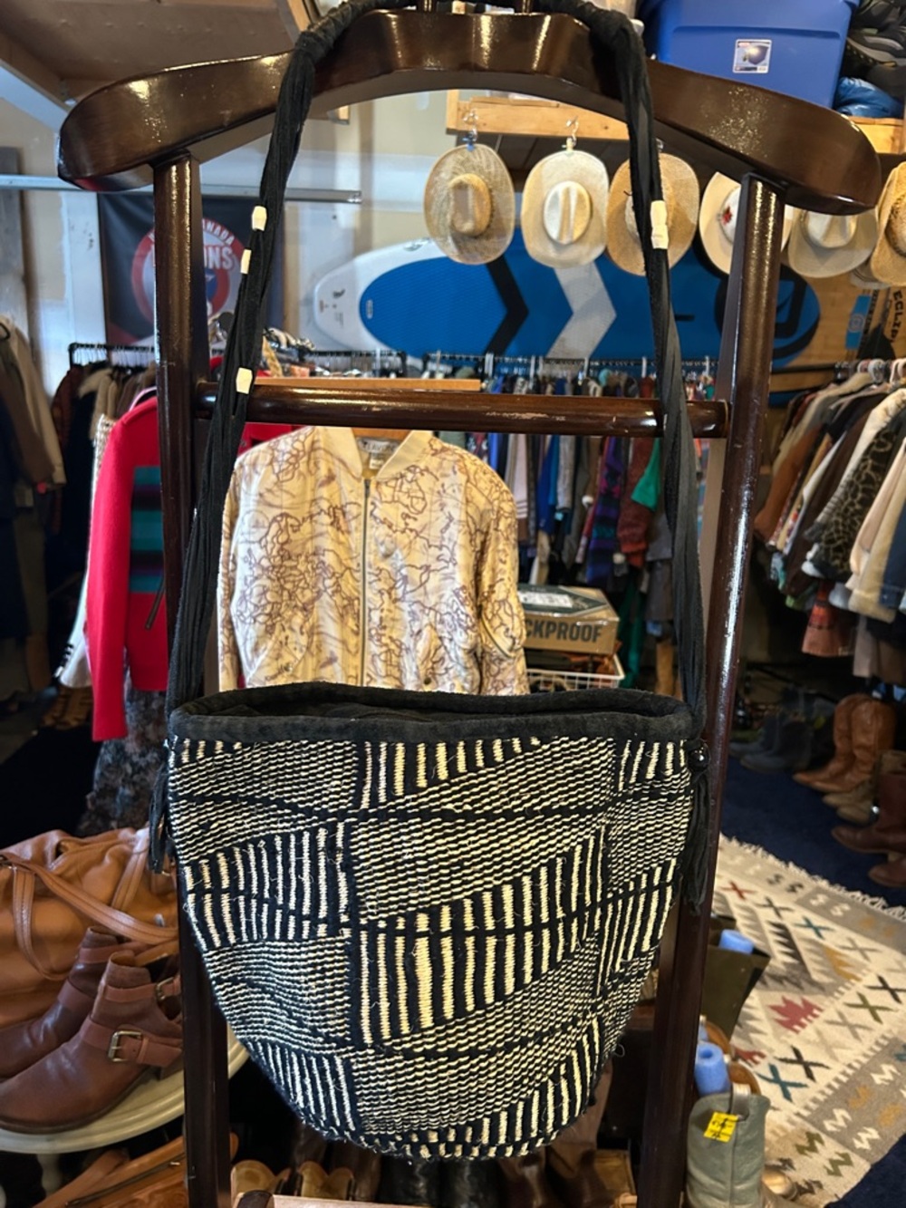 Beachy Straw Black & White Woven Bucket Bag